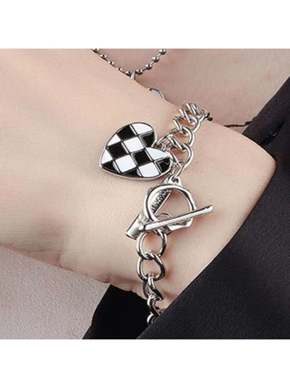 Checkerboard Heart dangle pendant chain bracelet NWT 🌿